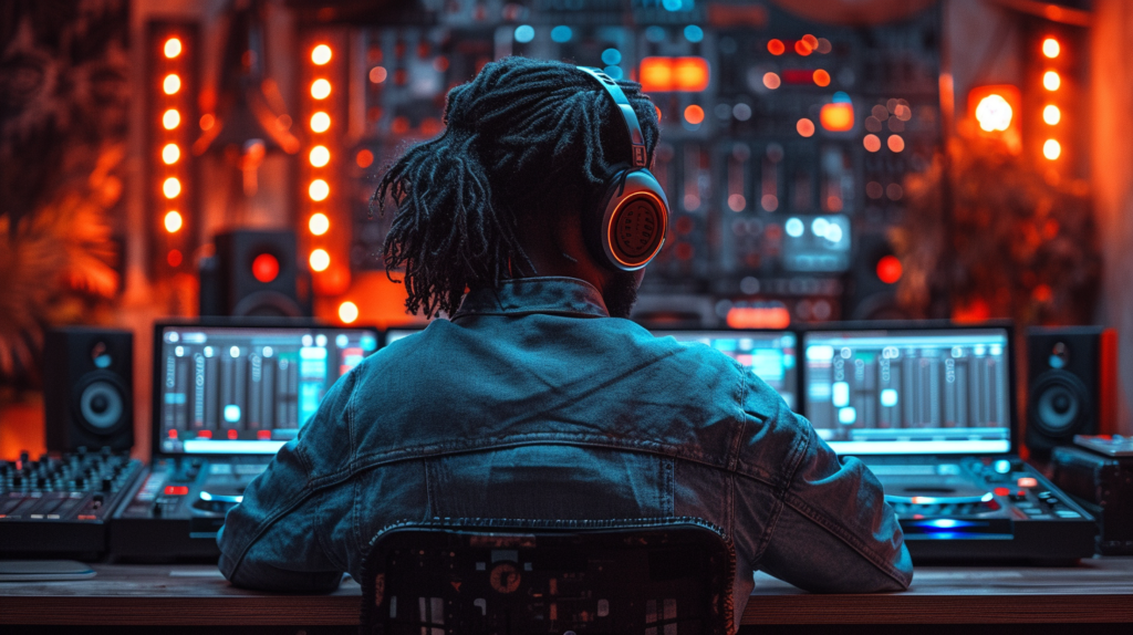 A dynamic snapshot of a DJ using headphones for monitoring and previewing tracks. The DJ, with headphones securely in place, queues up the next song, capturing the essence of beatmatching and precision mixing. The image highlights the concentrated focus of the DJ, showcasing how headphones are an indispensable tool for creating seamless transitions and professional blends.