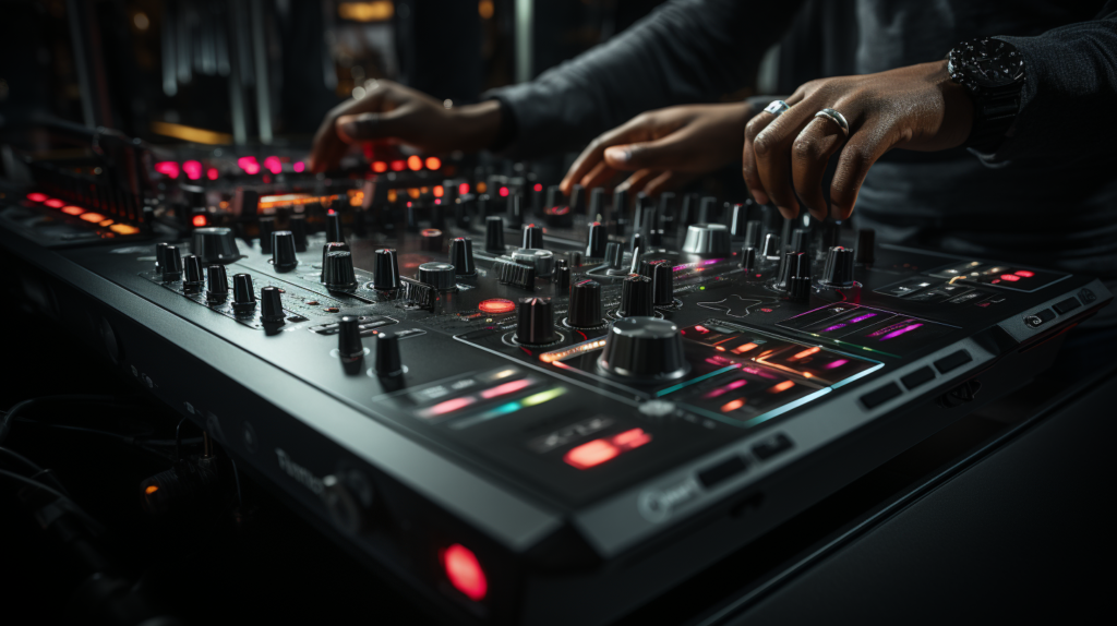 A detailed image focuses on a DJ's hands intricately adjusting gain or trim knobs on an external mixer. The setup includes interconnected DJ controller, turntables, and various audio sources, highlighting the comprehensive nature of the calibration process. Built-in level meters on the mixer provide a visual representation of optimal input levels, with the DJ ensuring a delicate balance around 50% while fine-tuning the trim knobs. This visual representation emphasizes the precision and care required in setting channel levels for a smooth transition between different audio sources in the DJ setup