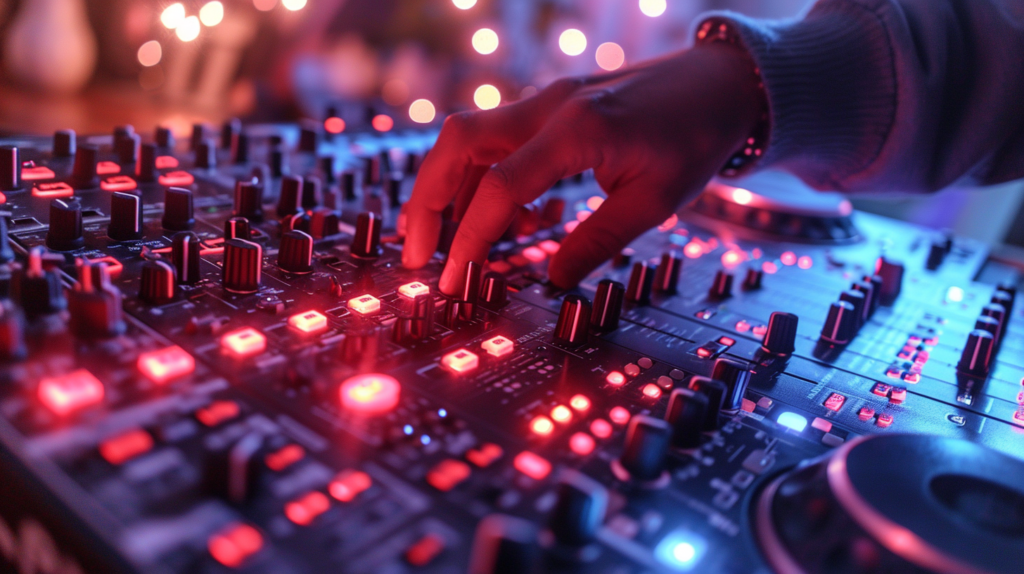 A DJ meticulously connects audio outputs from the controller to the mixer, showcasing the intertwining of RCA or TRS cables. The image captures the essence of technical precision, with the DJ navigating through connectors and ensuring a seamless, high-quality audio transmission—a symphony of connections in the art of DJing