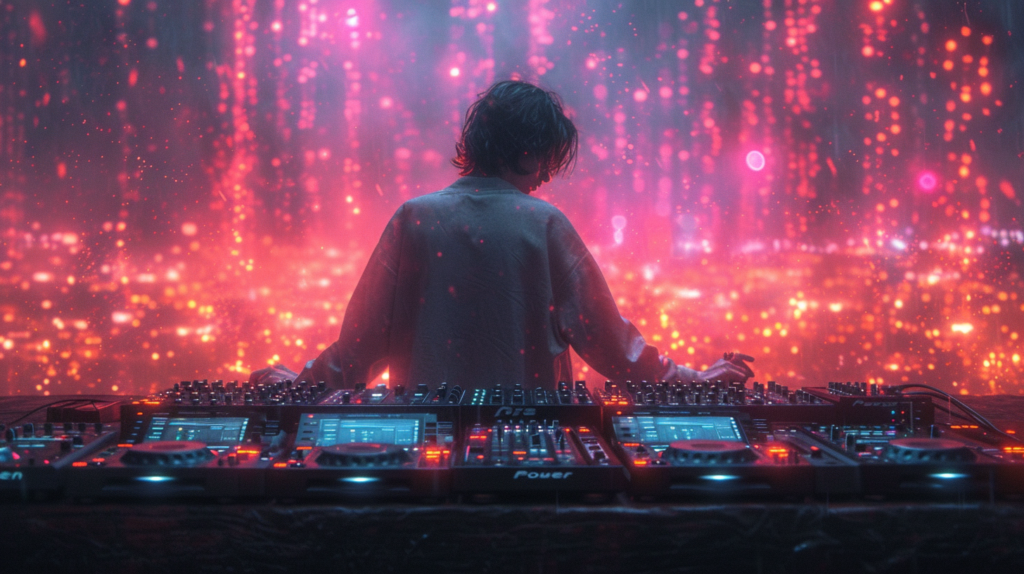 In a contemplative scene, a conscientious DJ engages in responsible headphone use, surrounded by their equipment. The image highlights the artist adjusting headphone volume settings with a thoughtful expression, embodying a commitment to hearing health. In the background, a visual representation of sound levels emphasizes the delicate balance between headphone monitoring and natural acoustic feedback. This visual narrative encapsulates the essence of responsible DJ practices, portraying headphones not just as tools for precision but also as instruments for preserving the artist's hearing and maintaining a holistic approach to sound management throughout the performance.