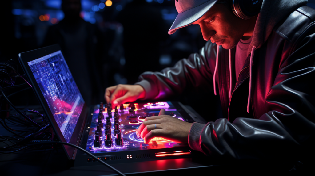 In this visual narrative, cables dance in orchestrated harmony as the DJ meticulously sets up a wired USB connection from the DJ controller to the iPad. The focal point is Apple's Camera Connection Kit, bridging the USB-A port and the controller's cable, symbolizing the gateway to a world of professional DJing on iOS. Additional power amplifiers, represented by a self-powered USB hub or an external battery pack, weave into the composition, ensuring stability and reliability. This image encapsulates the dedication and precision required for a robust connection that minimizes latency, making it an ideal setup for professional and performance-focused DJs