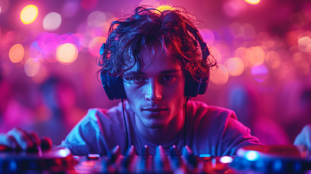 A DJ in action, headphones on, navigating a DJ controller in the midst of a lively crowd. The vibrant lights underscore the importance of headphones in the DJing process, allowing for meticulous track previewing, beatmatching refinement, and smooth transitions. This image embodies the confidence and control that headphones bring to a DJ's ability to craft exceptional mixes.