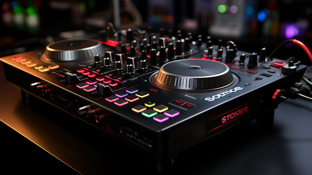 The image captures a DJ at their setup, hands-on with a fully configured controller, testing the connection with Serato DJ Pro. The DJ manipulates volume faders, jog/nudge controls, play/cue buttons, EQs, and channel filters, with the Serato interface responding instantly to confirm the established connection. The dynamic interaction between the DJ, controller, and software is highlighted during this testing phase. Thoroughly checking key areas of controller functionality ensures a smooth and glitch-free experience during live performances or recording sessions. Alternative text: 'A DJ tests a fully configured controller with Serato DJ Pro, ensuring a seamless connection. The hands-on interaction confirms responsiveness, crucial for glitch-free live performances or recording sessions