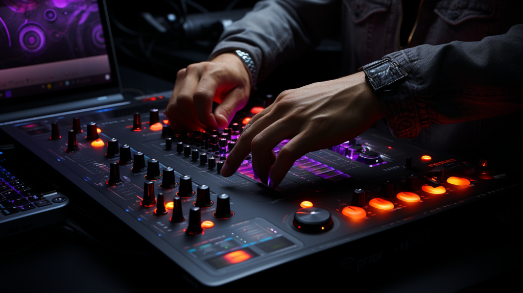 The image showcases a DJ in action, holding a controller and activating the Bluetooth pairing mode. The scene unfolds as the DJ navigates through computer settings to initiate the pairing process, highlighting the freedom of movement with wireless connectivity. The Bluetooth button on the controller is prominently featured. The image conveys the seamless integration between the controller and Serato DJ Pro over the Bluetooth link, offering an immersive and dynamic setup experience. Alternative text: 'A DJ wirelessly connects their controller to Serato DJ Pro via Bluetooth, showcasing freedom of movement. The DJ activates the Bluetooth pairing mode, emphasizing the seamless integration between the controller and Serato for an enhanced wireless setup