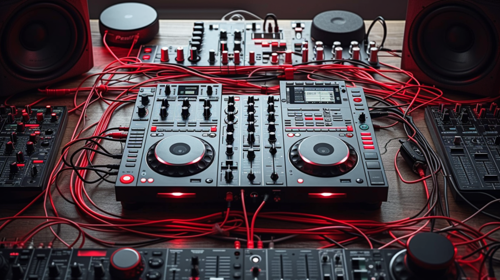 At the heart of the DJ's command center, a web of cables extends outward, presenting the choice between stereo and mono setups. The DJ controller stands as a nexus, guiding signals to multiple speakers strategically placed around the scene. The image embodies the decision-making process, where stereo separation branches sound to distinct corners, while mono unifies it seamlessly. Each cable represents a choice, a pathway to the desired auditory experience. This visual tableau captures the essence of determining the setup, where the DJ shapes not just beats but the very nature of the sound, contemplating the intricacies of stereo separation and the uniformity of mono sound