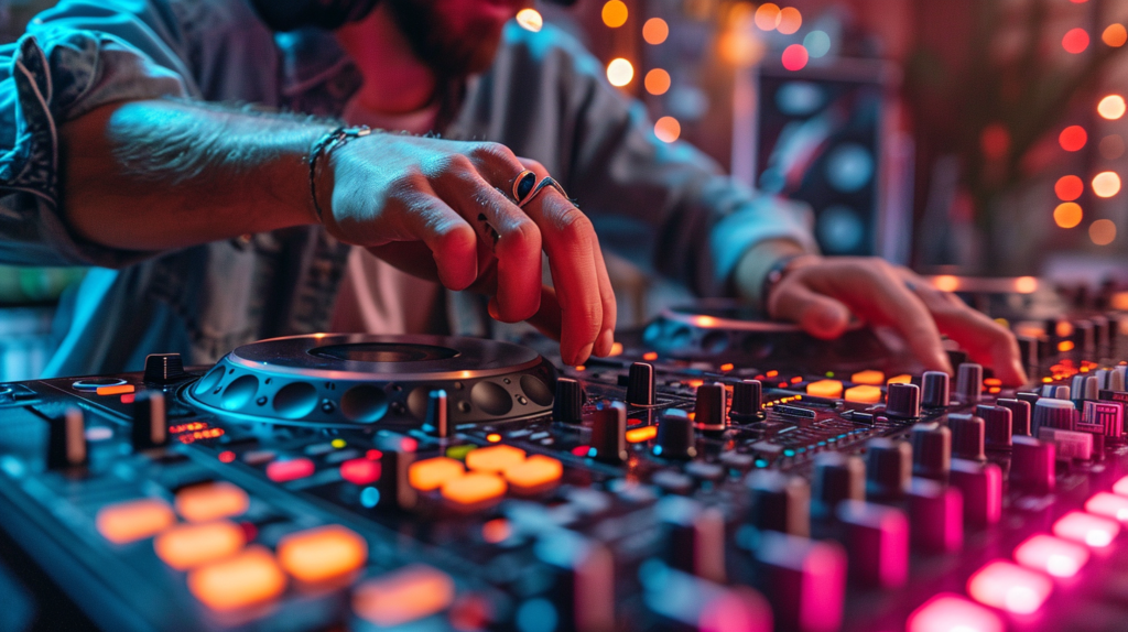 A DJ commands the mixing station, hands skillfully navigating the controller and mixer controls. The image captures the essence of creativity in action, with the DJ seamlessly blending tracks, scratching, and adding effects—a visual representation of the performance prowess required to elevate DJ sets to an unforgettable level.