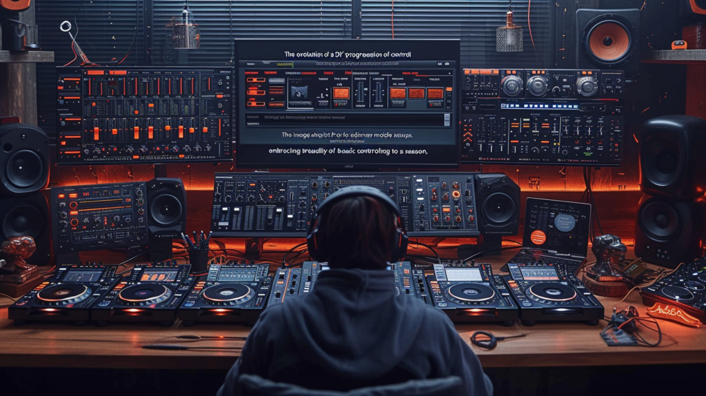 A DJ, surrounded by a diverse array of controllers, reflects on the crucial factors influencing the purchase decision. The image showcases a visual feast of options, emphasizing cost considerations, compatibility checks, and the need for portability. Vibrant overlays highlight software compatibility, jog wheel technology, and mixer integration. This visual encapsulation reflects the intricate dance of choices involved in selecting the perfect DJ controller, offering a glimpse into the multifaceted world of DJing