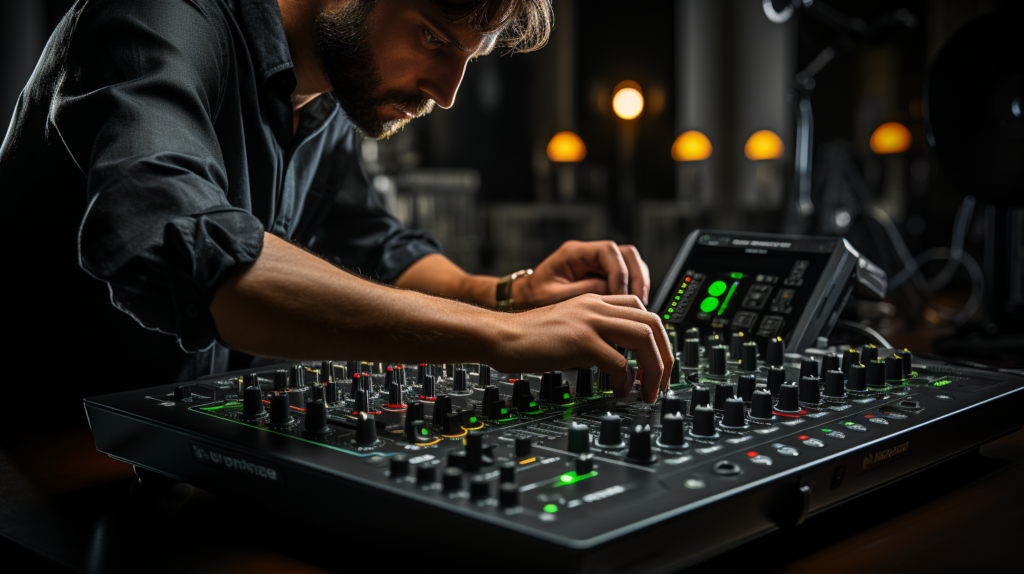 In a detailed visual guide, a DJ meticulously connects the DJ mixer to the PA system speakers. XLR cables link the Main or Master outputs on the mixer to the corresponding XLR inputs on the powerful speakers, maintaining left-to-left and right-to-right connections for accurate stereo imaging. An alternative setup demonstrates the connection to a multi-channel power amp for passive speakers, with Left and Right mixer outputs routed to the respective channels on the amplifier. Professional-grade speaker wire with 1⁄4” TS ends is used, ensuring optimal signal transmission. The image underscores the importance of organized and correctly identified connections for the best audio fidelity and stereo field in the DJ setup
