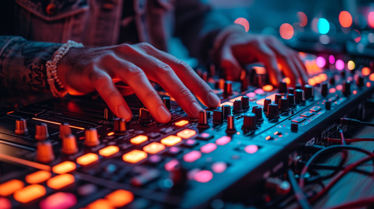 A DJ embarks on the intricate path of connecting their controller to a mixer, bathed in the glow of LED lights. The image captures the essence of technical prowess and the anticipation of unleashing flawless audio for an unforgettable performance