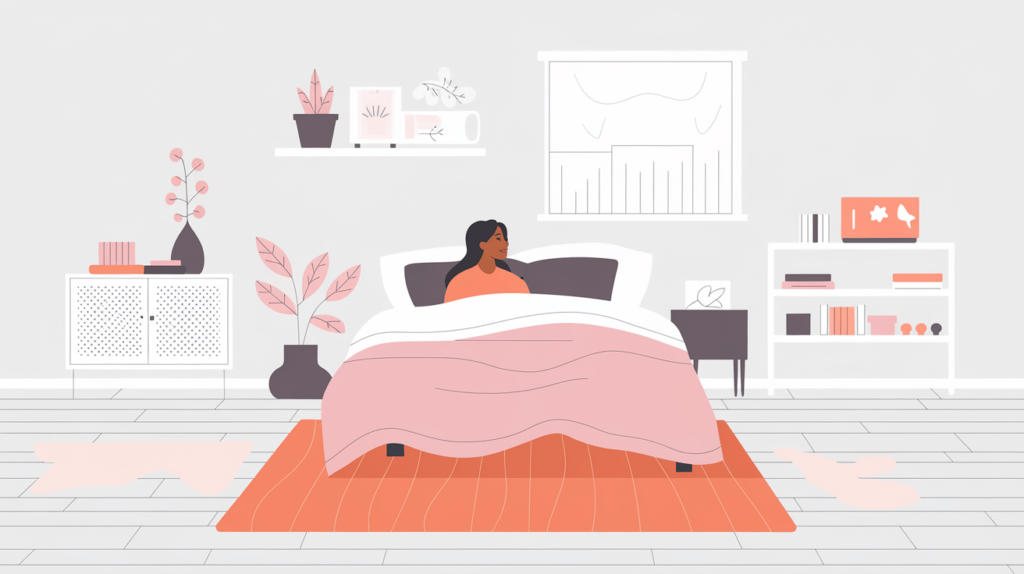 A calm, modern bedroom with soft pink and orange accents, in a clean white room, hinting at reduced noise levels for peaceful sleep.