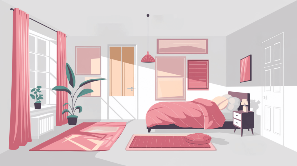A sleek, modern grid of recommended soundproofing products for a bedroom, including curtains, wall panels, door sweeps, and rugs, displayed in a bright white room with pink and orange accents, representing Burton Acoustix solutions.