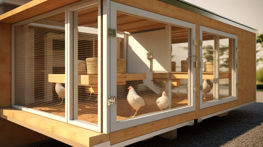 An image unfolds, revealing the precision involved in creating windows, doors, and openings for a meticulously soundproofed chicken coop. Windows are strategically positioned to face away from noise-sensitive areas, featuring sealed dual-pane glass and non-opening panes to minimize sound transmission. Doors are crafted with a tight seal against jambs and threshold, fortified with a weather seal and bottom sweep. The image hints at the addition of a vestibule entryway, strategically preventing sound escape with each door opening. Every opening, including vents, chimneys, and others, is meticulously sealed with acoustical register covers, rubber gaskets, and foam, ensuring the entire coop envelope remains impenetrable to sound leaks.
