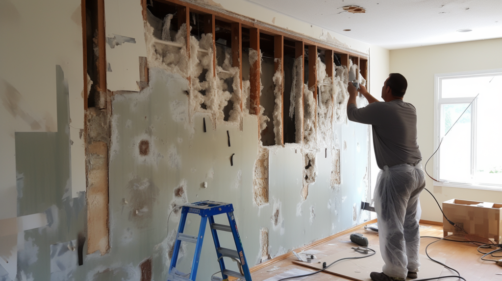 The left side of the image captures a person carefully fitting mineral wool batts between exposed wall studs, creating a decoupled wall to maximize sound blocking. Each section is precisely filled to prevent gaps, emphasizing the meticulous approach to insulating against airborne and structural noises. On the right, another person is affixing mass-loaded vinyl panels to the wall using acoustic adhesive, prioritizing simplicity in addressing primarily airborne noise transfer. The image reflects the choice between a comprehensive decoupled wall and the straightforward application of sound dampening panels, depending on the specific soundproofing goals