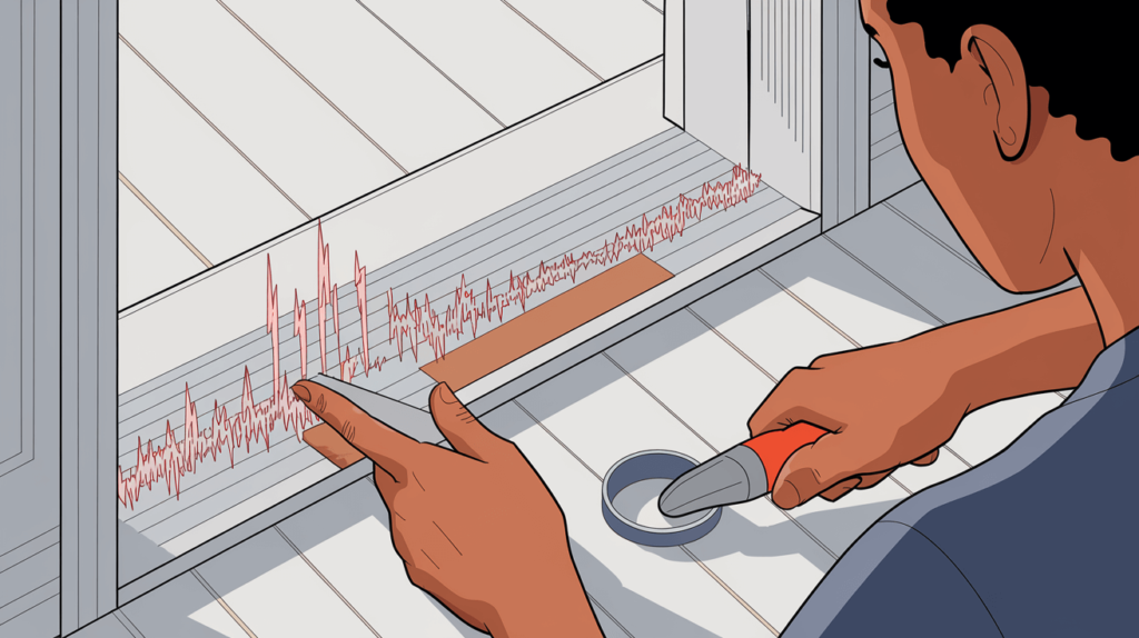 A close-up illustration of a door frame with visible gaps, showing rubber weatherstripping and a door sweep being applied to seal them, blocking sound waves (visualized as red lines). Use a clean, technical background with white and gray tones, a focused person using a utility knife and adhesive, and a text overlay like '15 dB Noise Reduction,' in a professional, instructional style.