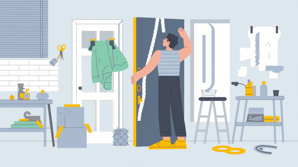 A DIY scene of a person installing a door sweep, hanging a blanket, and applying weatherstripping to soundproof a door, set in a bright home workshop.