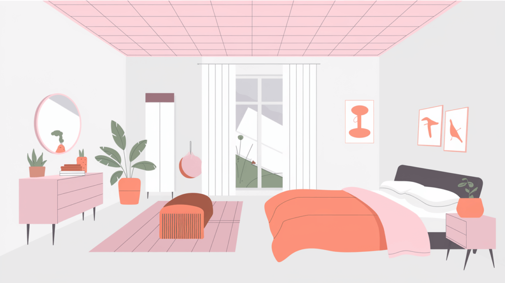 A modern bedroom with soundproof ceiling tiles, in a clean white room with soft pink and orange accents.