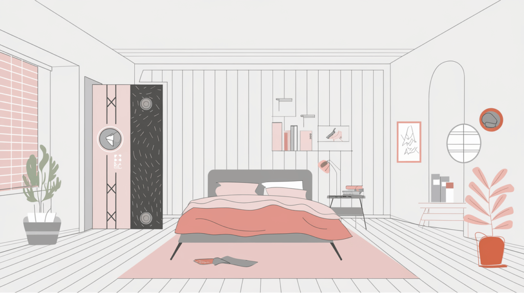 A modern bedroom with a soundproof door featuring seals and sweeps, in a clean white room with soft pink and orange accents.