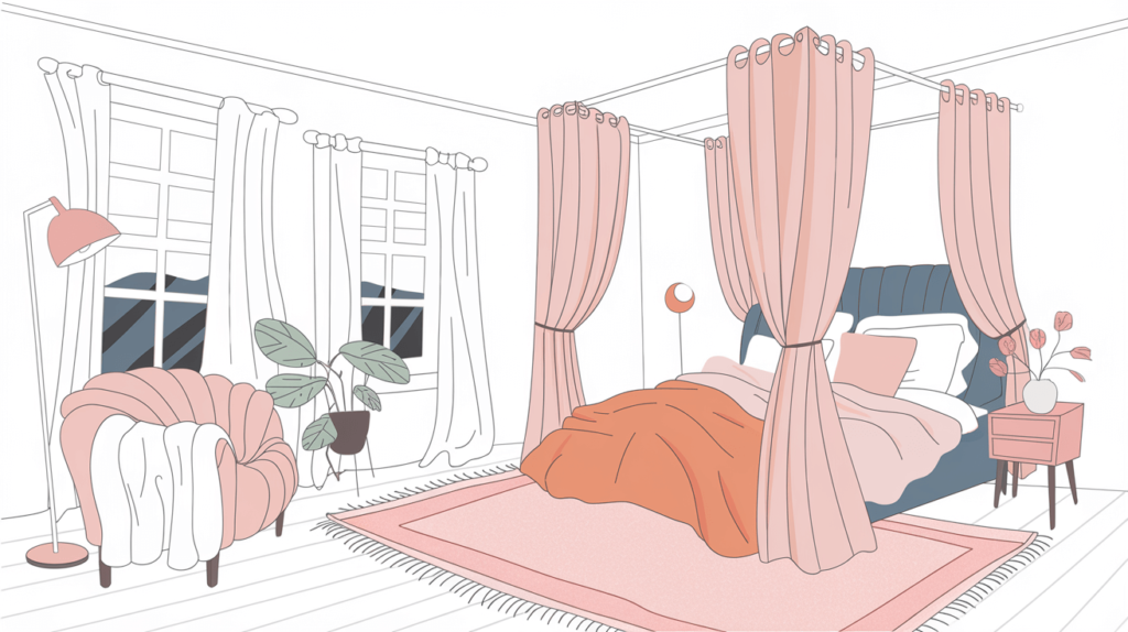 A cozy, modern bedroom with a thick rug, upholstered headboard, and curtains, in a clean white room with soft pink and orange accents.
