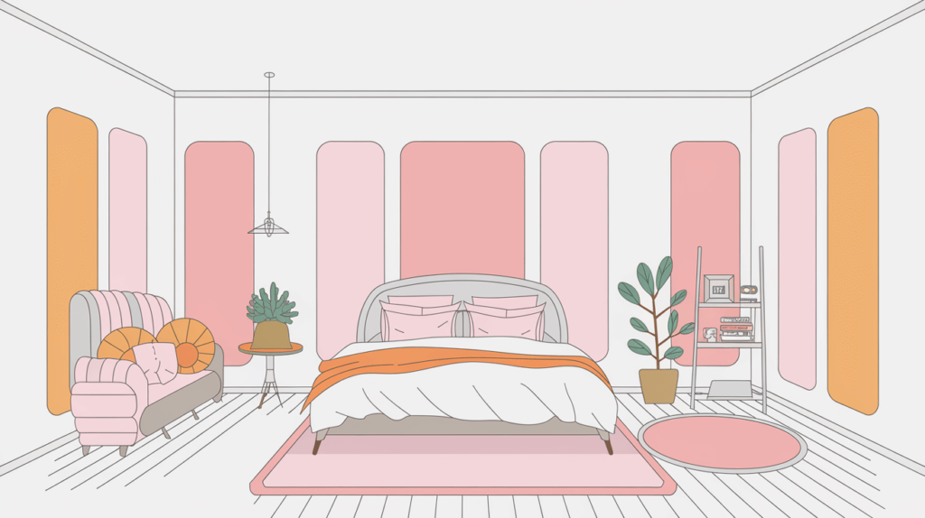A modern bedroom with soundproof panels on the walls, in a clean white room with soft pink and orange accents.