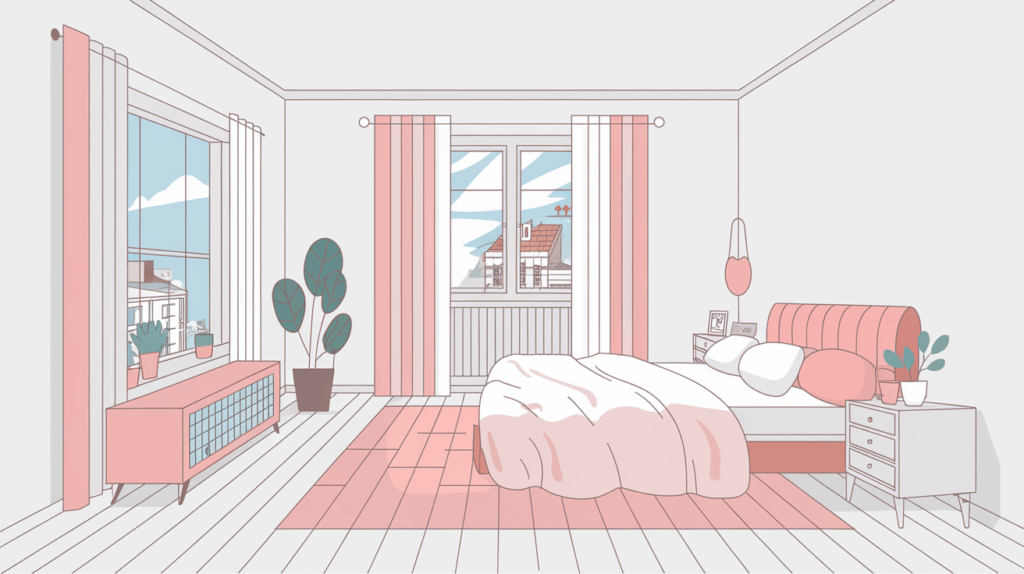 A modern bedroom with soundproof curtains on a window, in a clean white room with soft pink and orange accents.