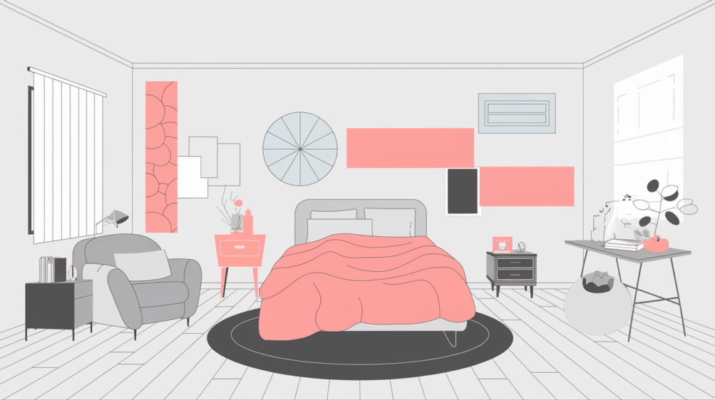 A modern bedroom with hints of soundproofing mistakes like gaps and thin foam, contrasted with correct solutions, in a clean white room with soft pink and orange accents.