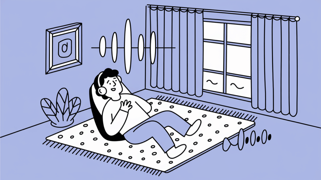 Cartoon of a person in a quiet room with rug and curtains, showing simple soundproofing.