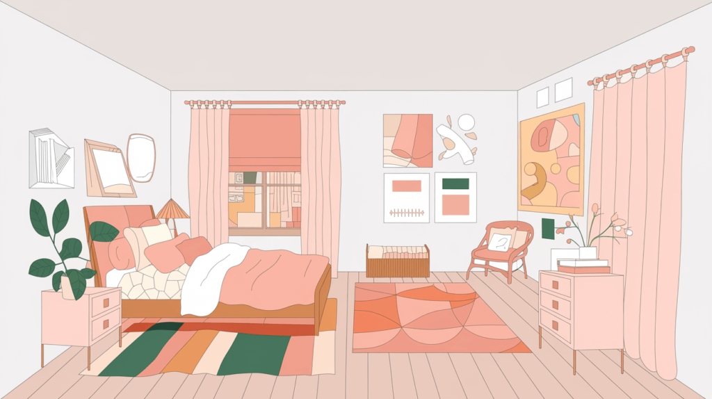 A bright, modern bedroom transitioning from noisy to quiet, with soft pink and orange accents and soundproofing materials like curtains and panels.