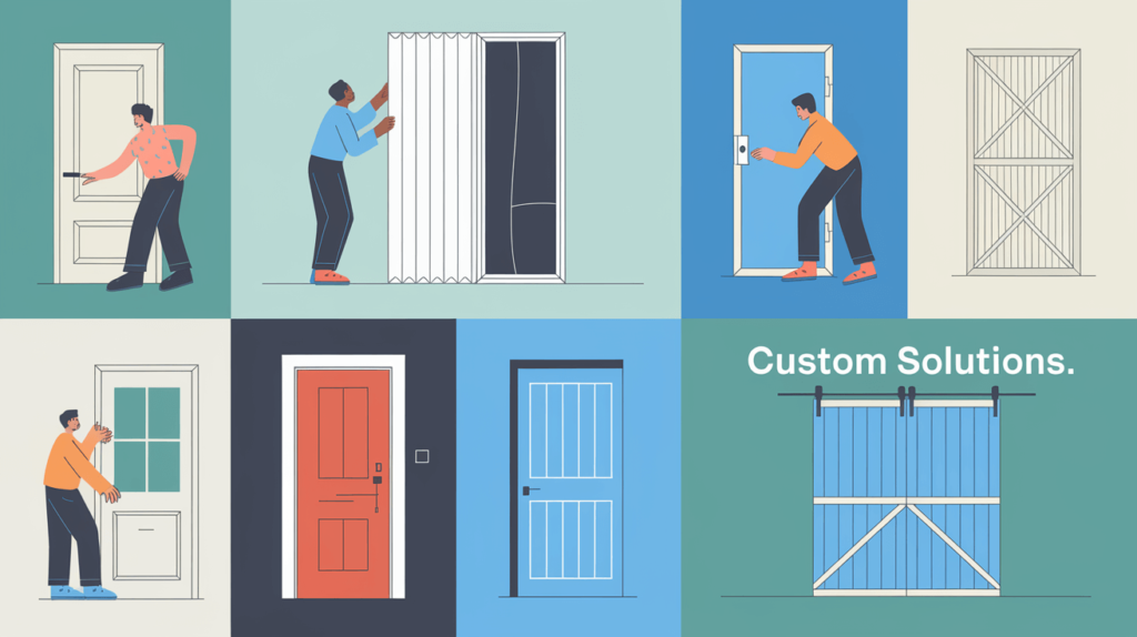 A collage of different door types being soundproofed with custom techniques like weatherstripping and panels, shown in a modern, colorful design.