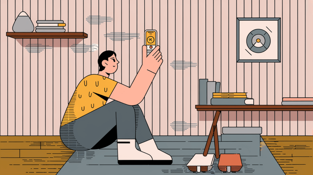 Illustration of a person testing soundproofing with a smartphone decibel meter.