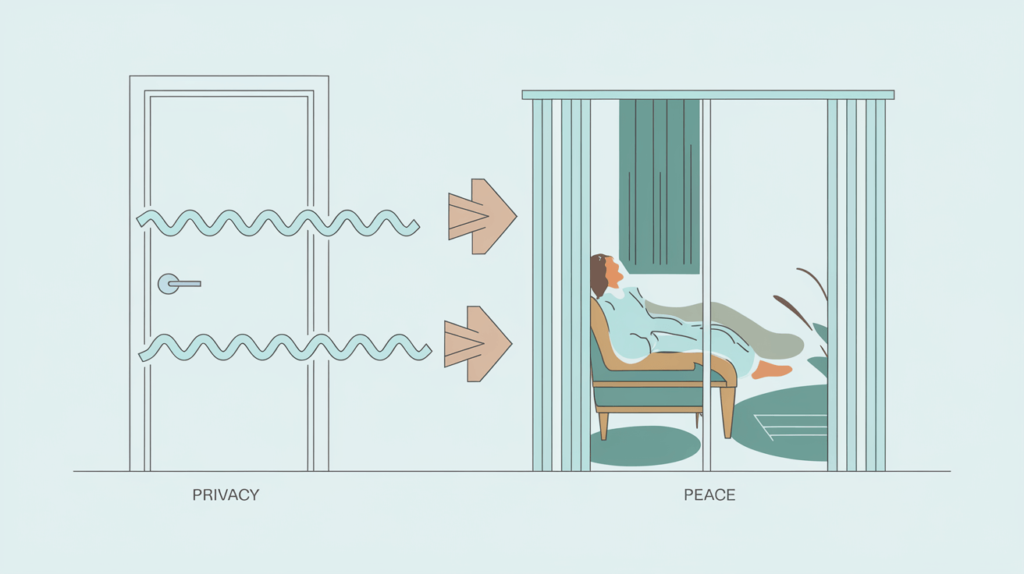 A peaceful home interior with a soundproofed door blocking noise like traffic and chatter, showing a person relaxing in a calm environment with privacy and peace visuals.