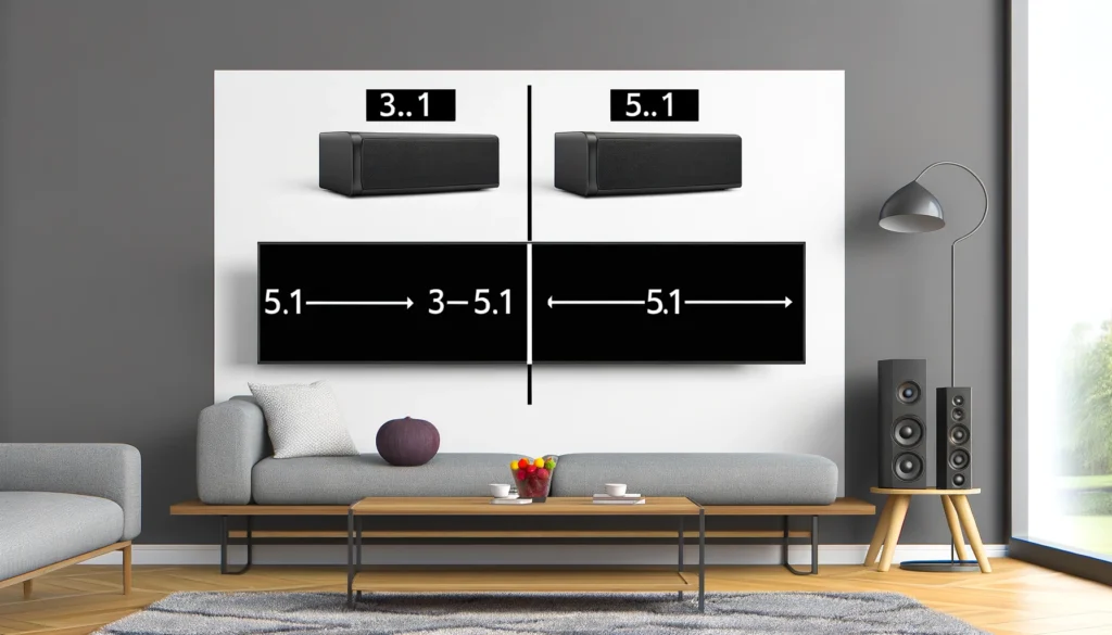 What is the Difference between a 3.1 And 5.1 Sound Bar: Ultimate Guide 2 DALL%C2%B7E 2024 02 19 14.45.23 A visual guide explaining the differences between 3.1 and 5.1 soundbar systems in a modern living room What is the Difference between a 3.1 And 5.1 Sound Bar: Ultimate Guide