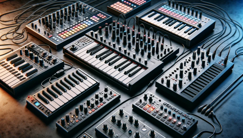  For this section, I suggest using an image that visually represents a range of MIDI controllers to give readers an idea of what these devices look like and how they function within a digital music setup.