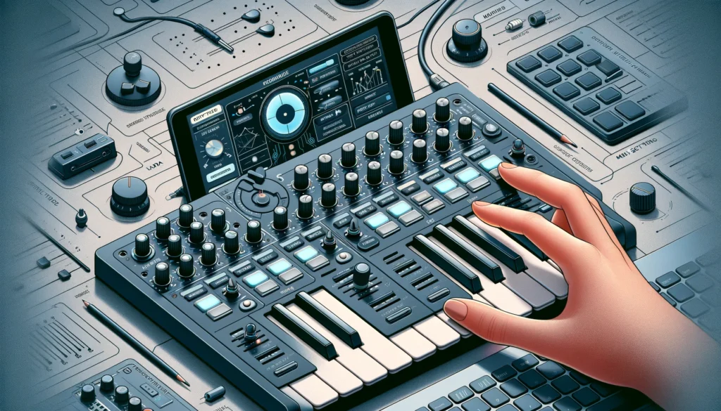 The chosen image for this section highlights a musician playing a MIDI keyboard, emphasizing the expressiveness and performance aspects of using MIDI controllers. 