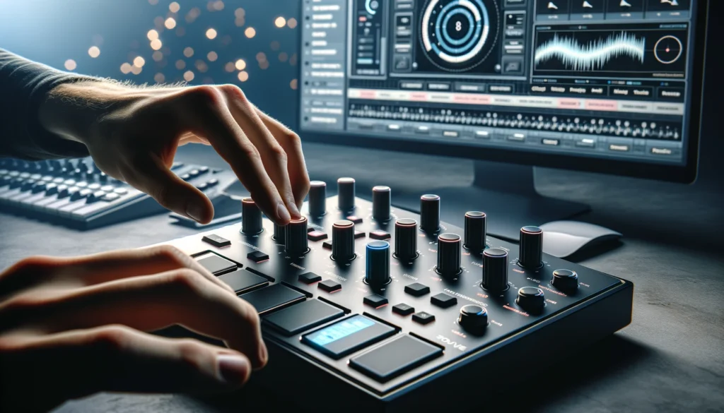 The final image showcases various advanced features of MIDI controllers, such as motorized faders and touch strips, in a studio environment, highlighting the high level of control and customization available.