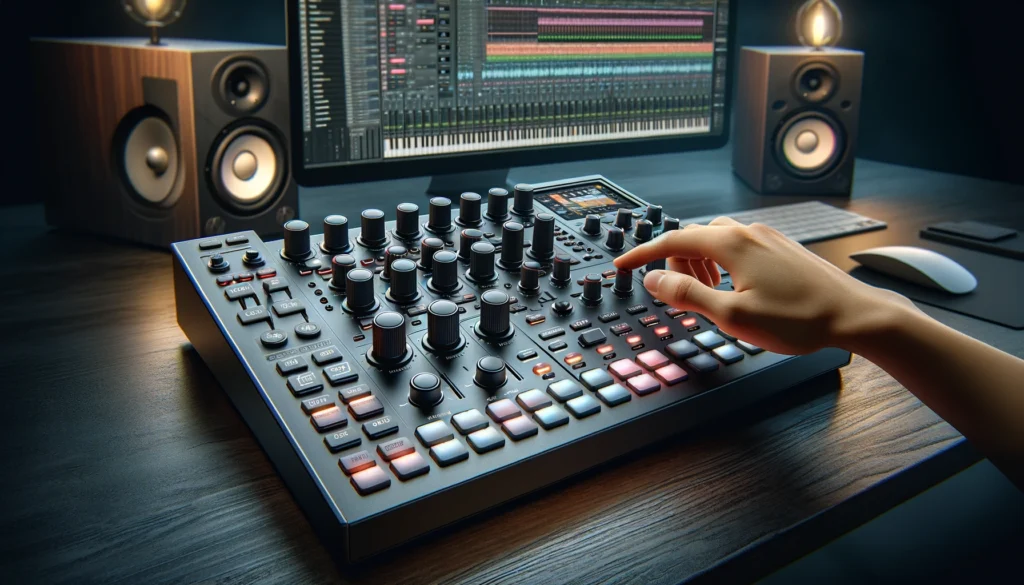The final image showcases various advanced features of MIDI controllers, such as motorized faders and touch strips, in a studio environment, highlighting the high level of control and customization available. 