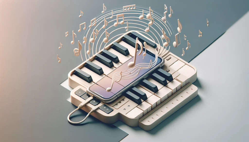 An iPhone connected to a MIDI keyboard, symbolizing the integration of mobile technology with music productio