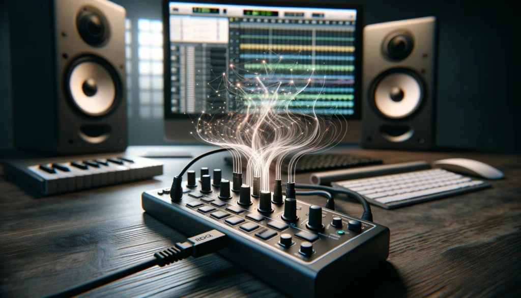 A detailed image of a MIDI controller connected to a computer, showcasing the digital communication in music production within a modern music studio environment. This image serves as a captivating introduction to the essence of MIDI controllers in the digital music creation process.