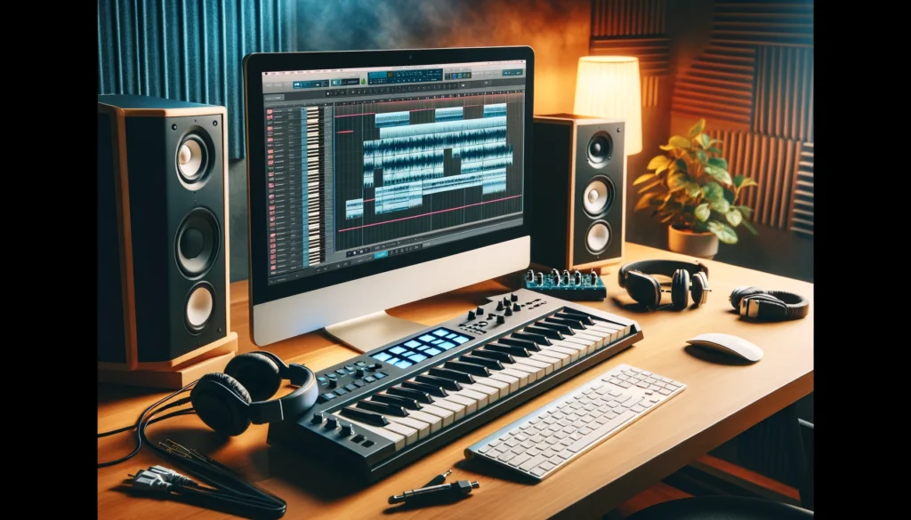 An inspiring home music studio setup with a keyboard connected to a computer, illustrating the concept of using a keyboard as a MIDI controller.