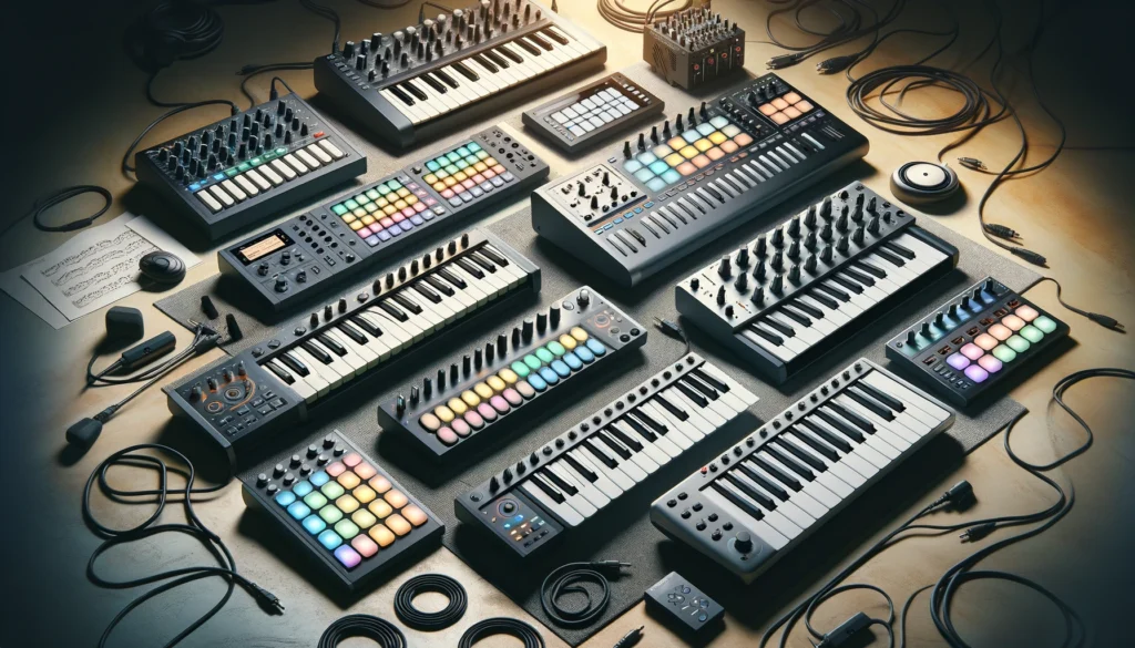 Variety of MIDI controllers displayed in a studio setting, showing diversity