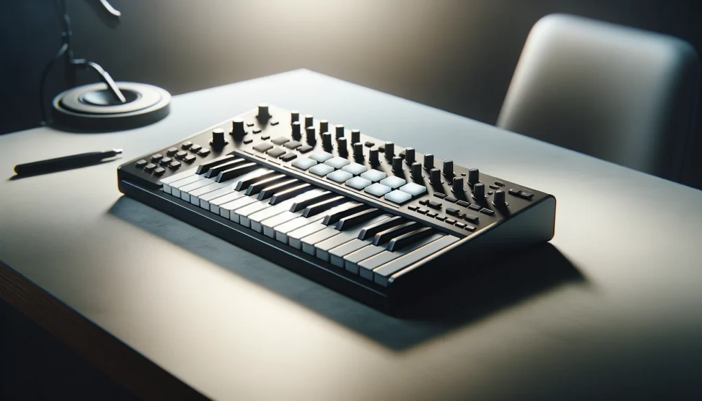 Modern MIDI controller on a studio desk, highlighting its sleek design