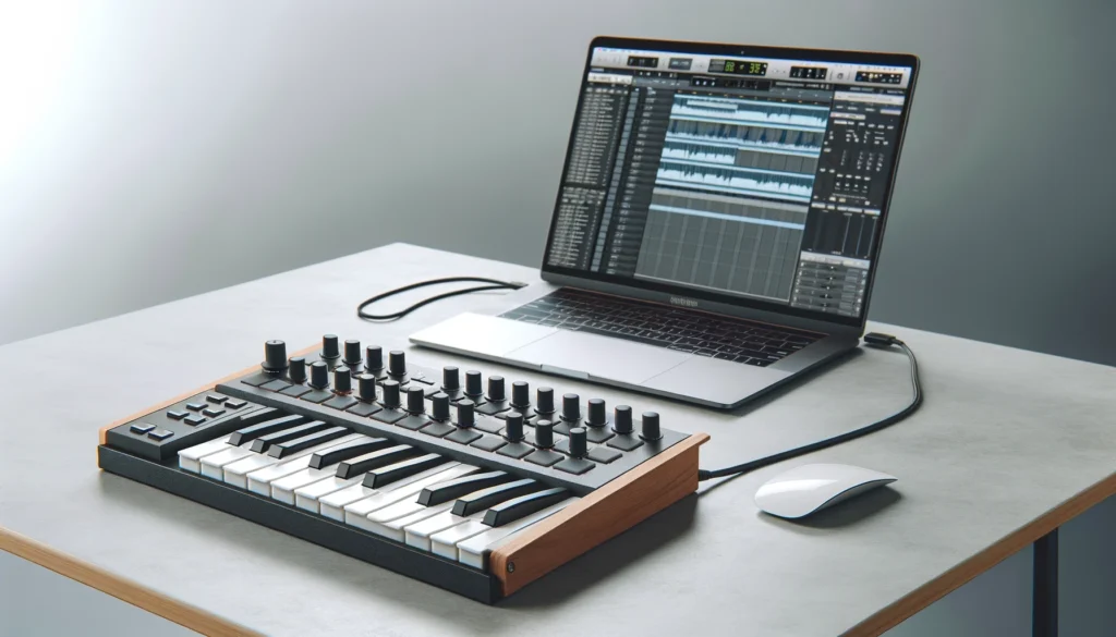 Computer keyboard and laptop setup for music production in a modern workspace
