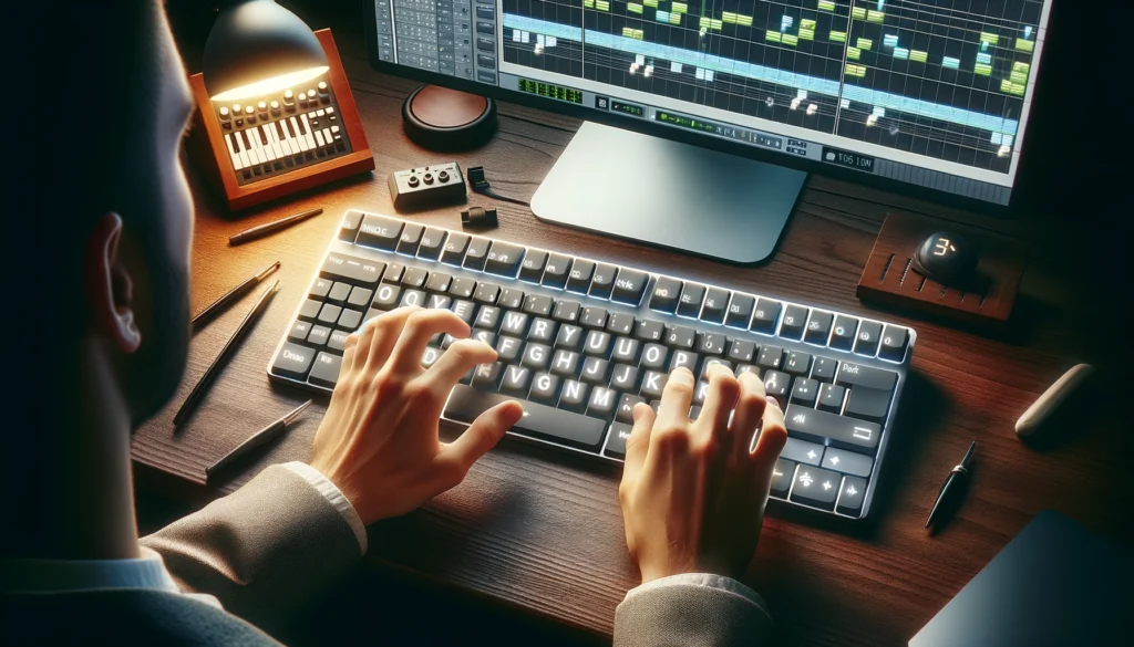 Overhead view of using a computer keyboard as a MIDI controller in a studio
