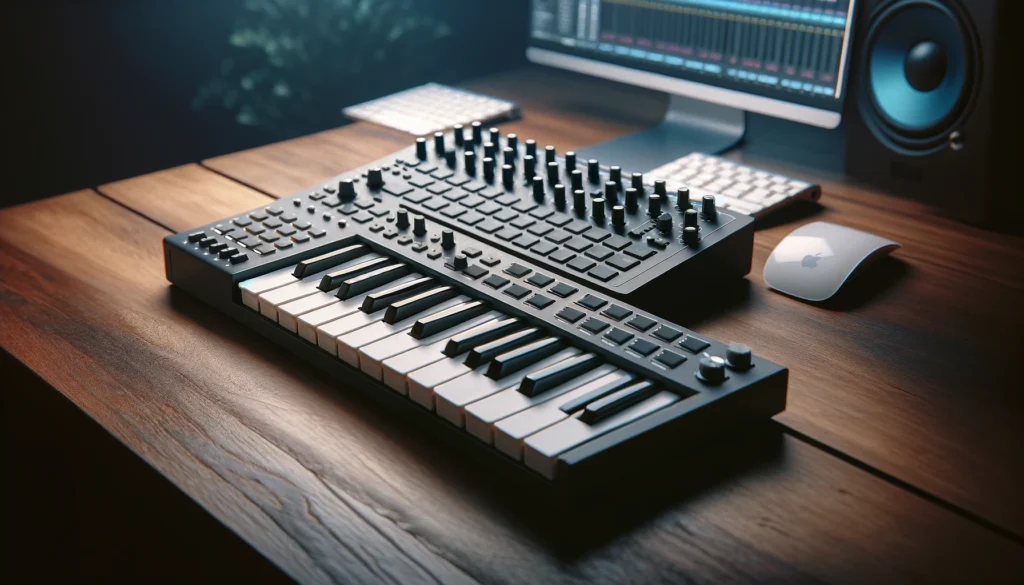 MIDI and computer keyboards side by side, showing music production tools
