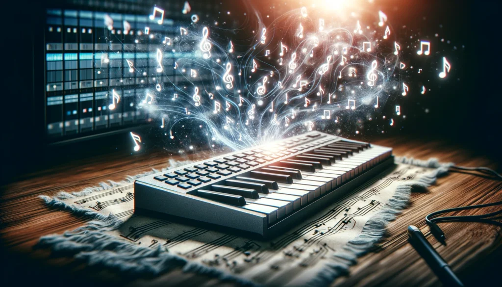 Computer keyboard with keys lighting up for MIDI, surrounded by musical notes