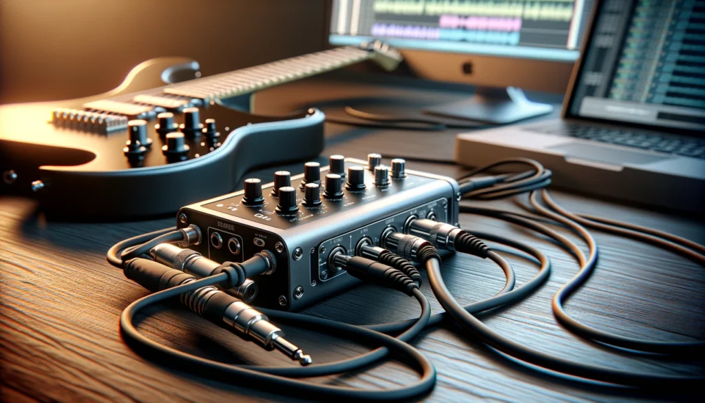  Close-up of a guitar-to-MIDI converter device showing the technical setup.