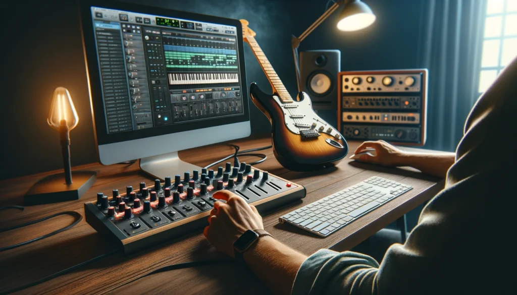 Guitar connected to a computer for MIDI setup in a home studio, highlighting creative music production