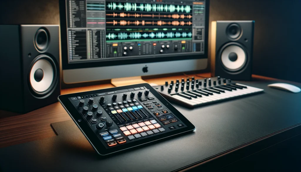 An iPad used as a MIDI controller in a modern music studio setup, showcasing its versatility.
