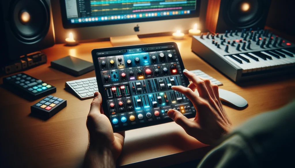 Artist setting up iPad as MIDI controller with sliders and knobs on screen, integrating into music production