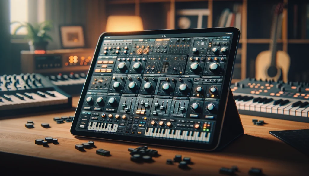 iPad with control templates for DAWs and synths, showcasing setup customization in a music studio