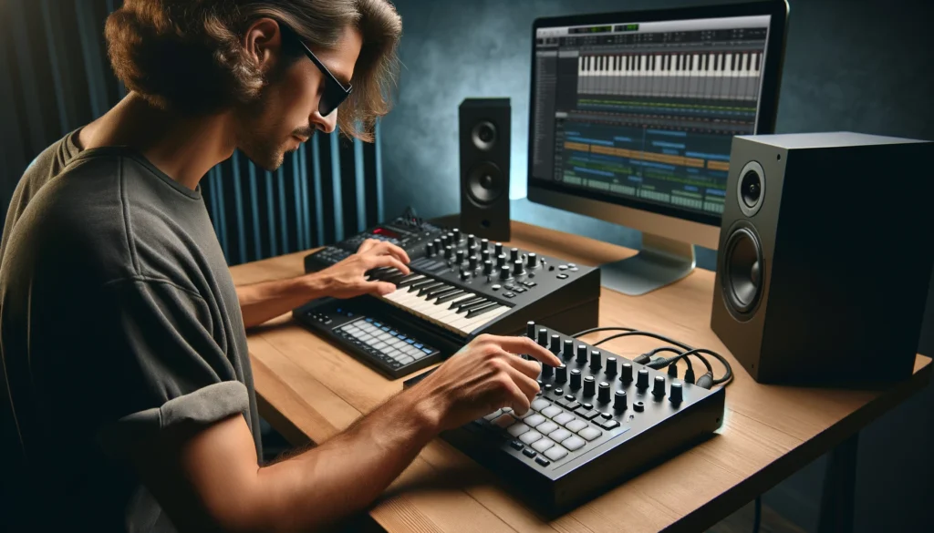 Musician adjusting settings on two MIDI controllers in a studio. 